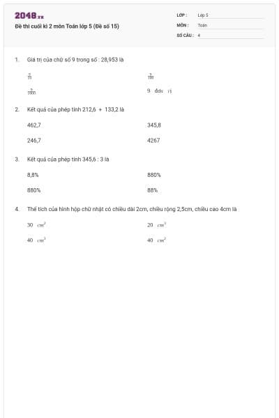 Đề thi cuối kì 2 môn Toán lớp 5 (Đề số 15)