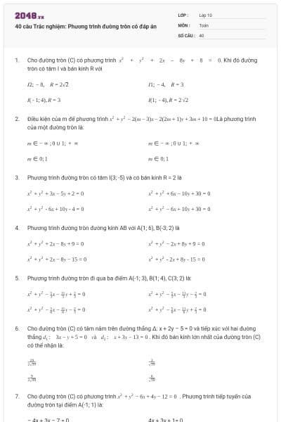 40 câu  Trắc nghiệm: Phương trình đường tròn có đáp án