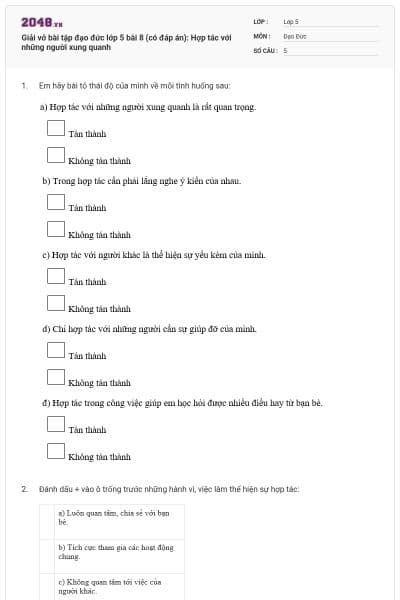 Giải vở bài tập đạo đức lớp 5 bài 8 (có đáp án): Hợp tác với những người xung quanh