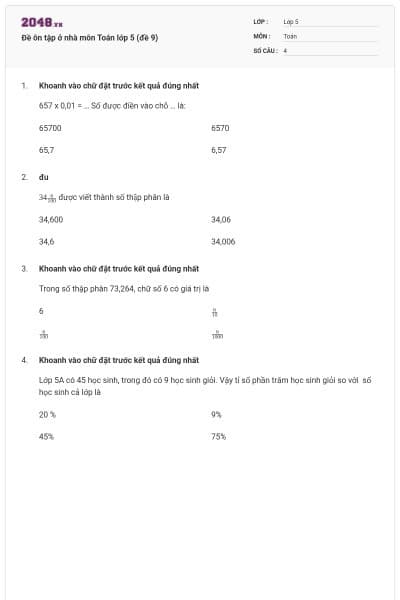 Đề ôn tập ở nhà môn Toán lớp 5 (đề 9)