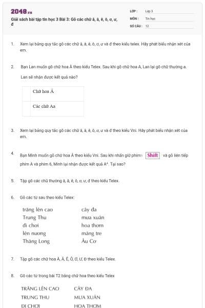 Giải sách bài tập tin học 3 Bài 3: Gõ các chữ ă, â, ê, ô, ơ, ư, đ