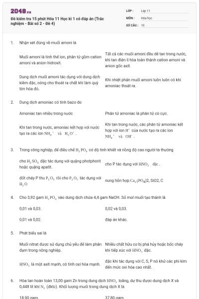 Đề kiểm tra 15 phút Hóa 11 Học kì 1 có đáp án (Trắc nghiệm - Bài số 2 - Đề 4)