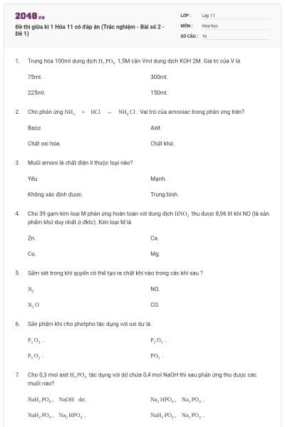 Đề thi giữa kì 1 Hóa 11 có đáp án (Trắc nghiệm - Bài số 2 - Đề 1)