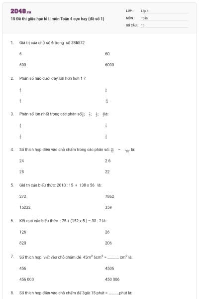 15 Đề thi giữa học kì II môn Toán 4 cực hay (đề số 1)