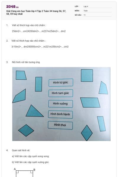 Giải Cùng em học Toán lớp 4 Tập 2 Tuần 34 trang 56, 57, 58, 59 hay nhất