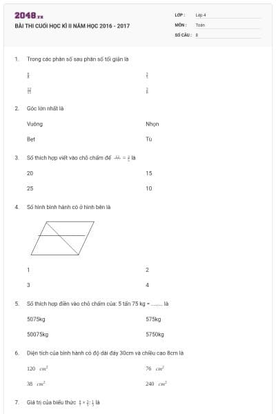 BÀI THI CUỐI HỌC KÌ II NĂM HỌC 2016 - 2017