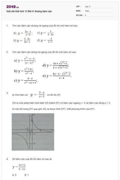 Giải sbt Giải tích 12 Bài 4: Đường tiệm cận