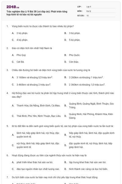 Trắc nghiệm Địa Lí 9 Bài 38 (có đáp án): Phát triển tổng hợp kinh tế và bảo vệ tài nguyên
