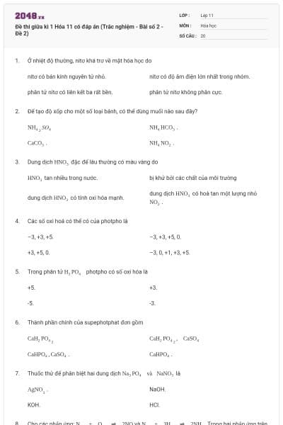 Đề thi giữa kì 1 Hóa 11 có đáp án (Trắc nghiệm - Bài số 2 - Đề 2)