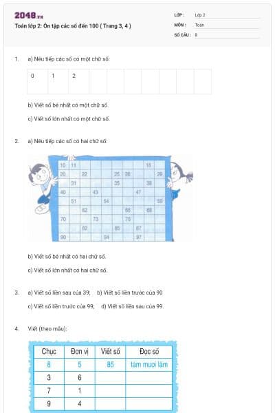 Toán lớp 2: Ôn tập các số đến 100 ( Trang 3, 4 )