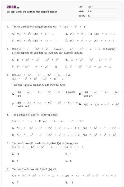 Bài tập: Cộng, trừ đa thức một biến có đáp án