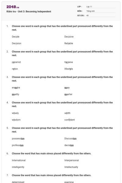 Kiểm tra - Unit 3: Becoming Independent