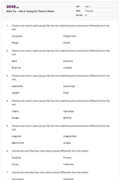 Kiểm Tra – Unit 4: Caring For Those In Need