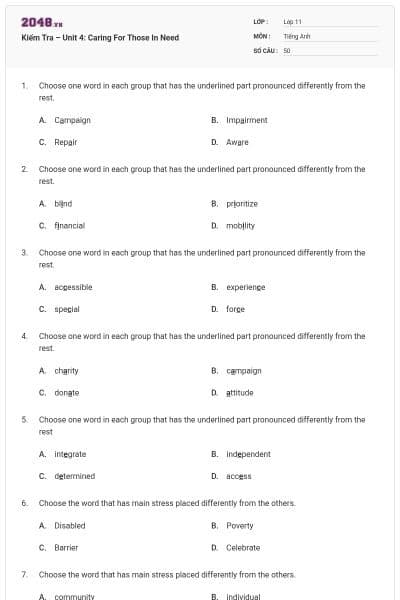 Kiểm Tra – Unit 4: Caring For Those In Need