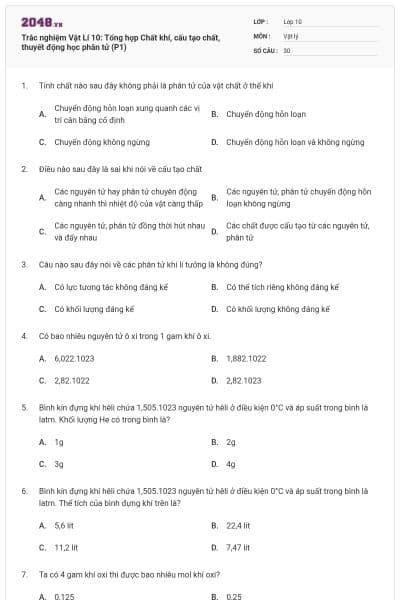 Trắc nghiệm Vật Lí 10: Tổng hợp Chất khí, cấu tạo chất, thuyết động học phân tử (P1)