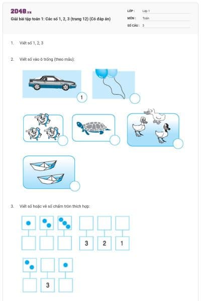 Giải bài tập toán 1: Các số 1, 2, 3 (trang 12) (Có đáp án)