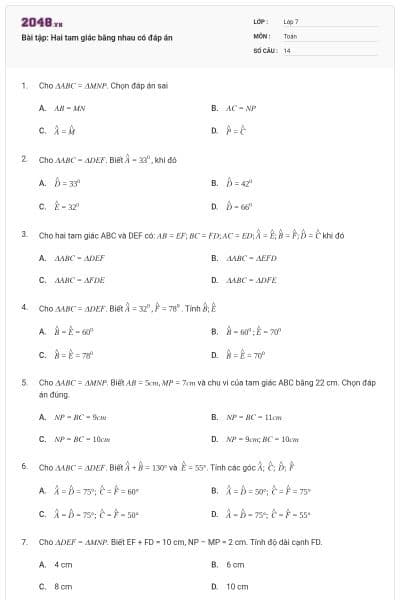 Bài tập: Hai tam giác bằng nhau có đáp án
