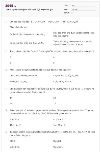 24 Bài tập Phản ứng thế của ancol cực hay có lời giải