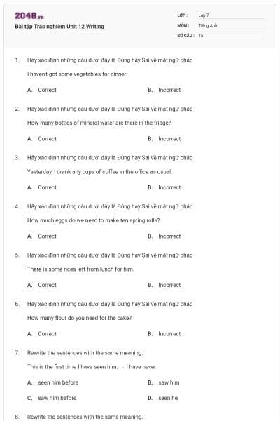 Bài tập Trắc nghiệm Unit 12 Writing