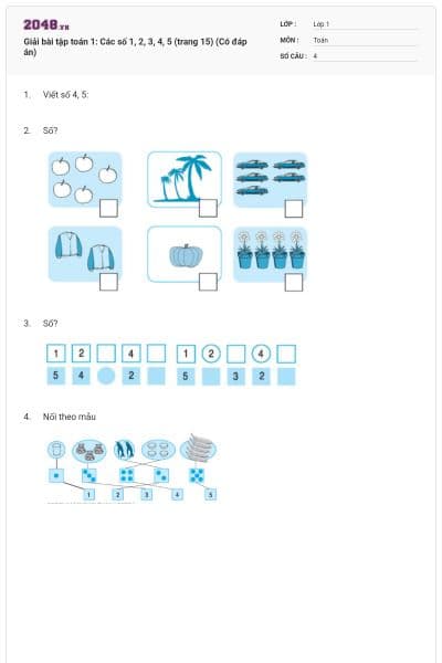 Giải bài tập toán 1: Các số 1, 2, 3, 4, 5 (trang 15) (Có đáp án)