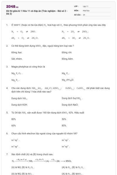 Đề thi giữa kì 1 Hóa 11 có đáp án (Trắc nghiệm - Bài số 2 - Đề 3)