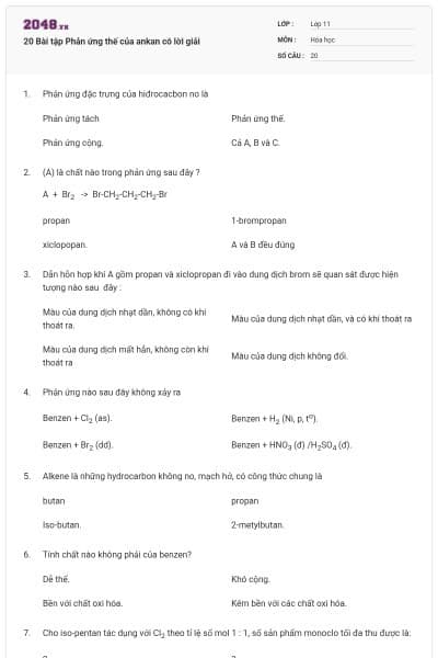 20 Bài tập Phản ứng thế của ankan có lời giải
