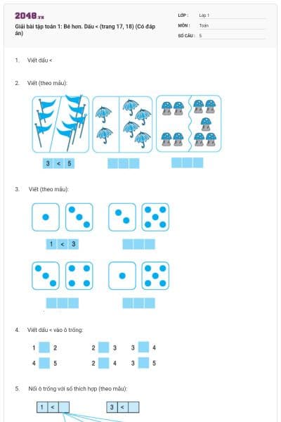 Giải bài tập toán 1: Bé hơn. Dấu < (trang 17, 18) (Có đáp án)