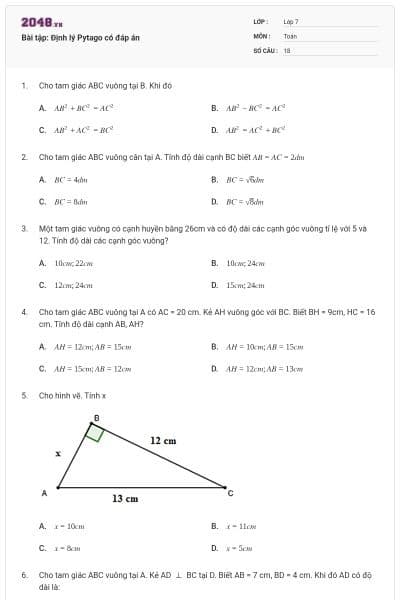 Bài tập: Định lý Pytago có đáp án