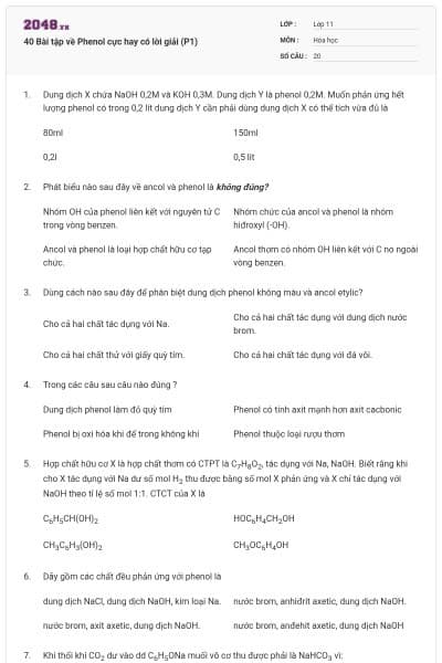 40 Bài tập về Phenol cực hay có lời giải (P1)