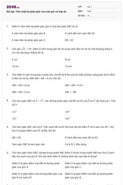 Bài tập: Tính chất tia phân giác của một góc có đáp án