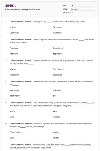 Kiểm tra – Unit 5: Being Part Of Asean