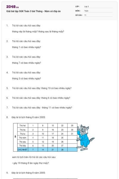 Giải bài tập SGK Toán 3 bài Tháng - Năm có đáp án