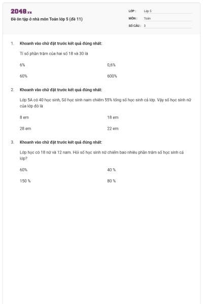 Đề ôn tập ở nhà môn Toán lớp 5 (đề 11)