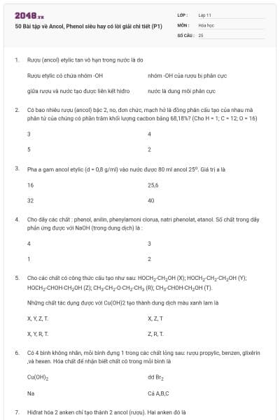 50 Bài tập về Ancol, Phenol siêu hay có lời giải chi tiết (P1)