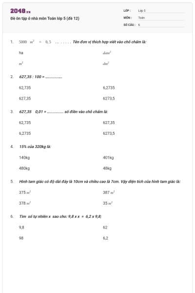 Đề ôn tập ở nhà môn Toán lớp 5 (đề 12)