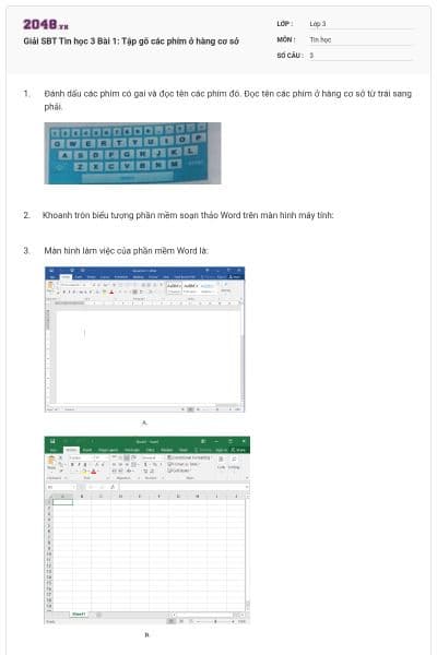 Giải SBT Tin học 3 Bài 1: Tập gõ các phím ở hàng cơ sở