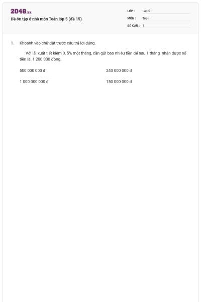 Đề ôn tập ở nhà môn Toán lớp 5 (đề 15)