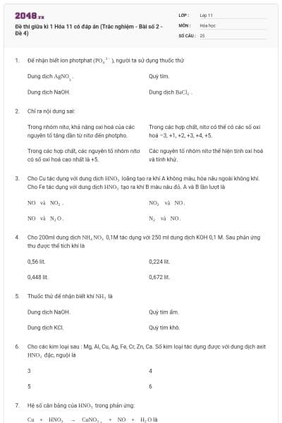 Đề thi giữa kì 1 Hóa 11 có đáp án (Trắc nghiệm - Bài số 2 - Đề 4)