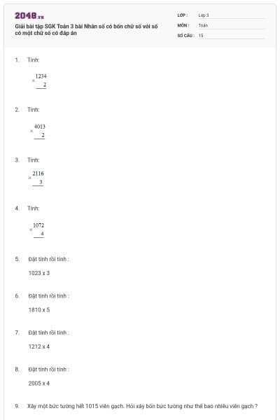 Giải bài tập SGK Toán 3 bài Nhân số có bốn chữ số với số có một chữ số có đáp án