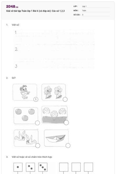 Giải vở bài tập Toán lớp 1 Bài 6 (có đáp án): Các số 1,2,3