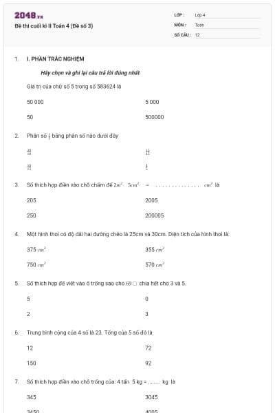Đề thi cuối kì II Toán 4 (Đề số 3)