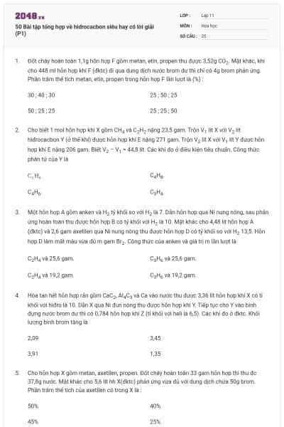 50 Bài tập tổng hợp về hidrocacbon siêu hay có lời giải (P1)