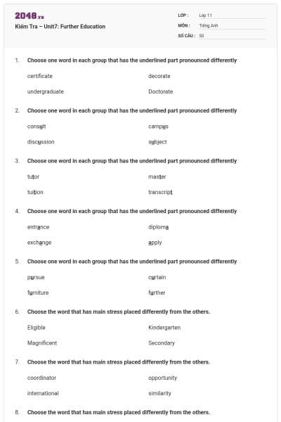 Kiểm Tra – Unit7: Further Education