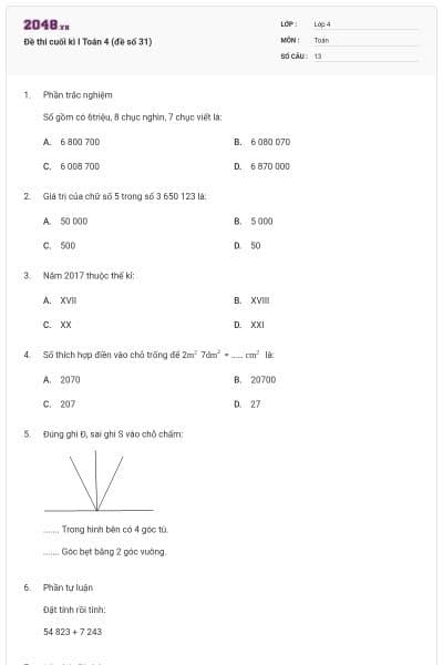 Đề thi cuối kì I Toán 4 (đề số 31)
