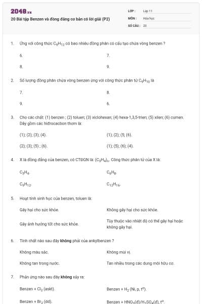 20 Bài tập Benzen và đồng đằng cơ bản có lời giải (P2)