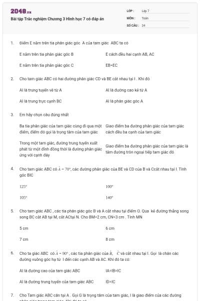 Bài tập Trắc nghiệm Chương 3 Hình học 7 có đáp án