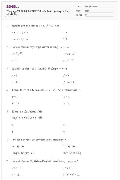 Tổng hợp 20 đề thi thử THPTQG môn Toán cực hay có đáp án (đề 16)