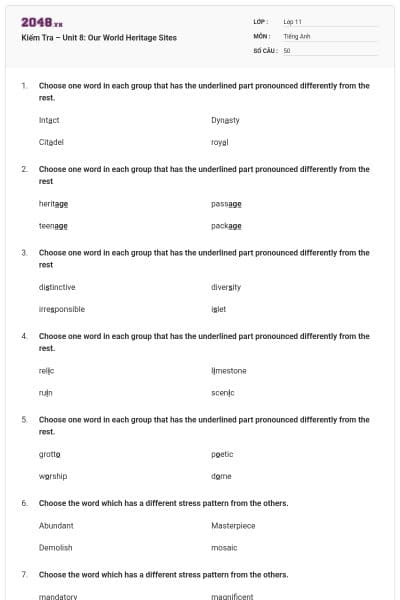 Kiểm Tra – Unit 8: Our World Heritage Sites