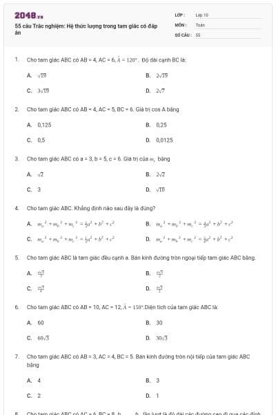 55 câu Trắc nghiệm: Hệ thức lượng trong tam giác có đáp án