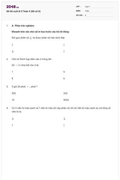 Đề thi cuối kì II Toán 4 (Đề số 6)